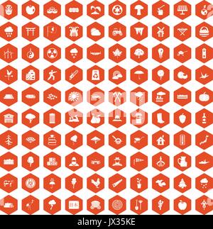 100 tree icons hexagon orange Stock Vector