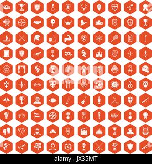 100 trophy and awards icons hexagon orange Stock Vector