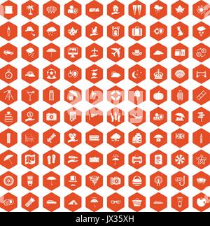 100 umbrella icons hexagon orange Stock Vector
