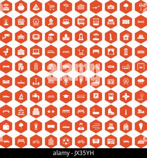 100 urban icons hexagon orange Stock Vector