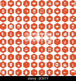 100 utensil icons hexagon orange Stock Vector