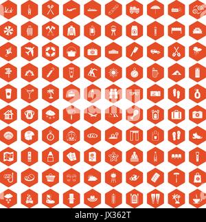 100 vacation icons hexagon orange Stock Vector