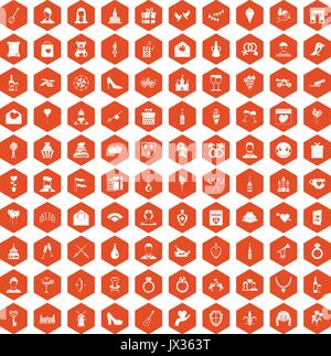 100 valentine day icons hexagon orange Stock Vector