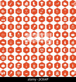 100 vegetables icons hexagon orange Stock Vector