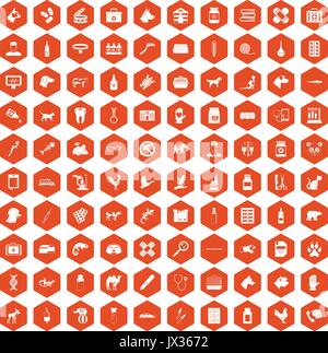 100 veterinary icons hexagon orange Stock Vector