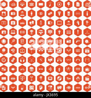 100 video icons hexagon orange Stock Vector
