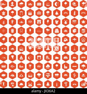 100 view icons hexagon orange Stock Vector