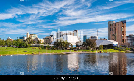 Adelaide, Australia - December 2, 2016: Adelaide city skyline on a day viewed through Torrens river in Elder Park on a bright day Stock Photo