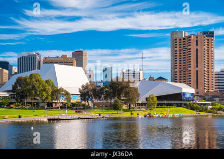 Adelaide, Australia - December 2, 2016: Adelaide city skyline on a day viewed through Torrens river in Elder Park on a bright day Stock Photo