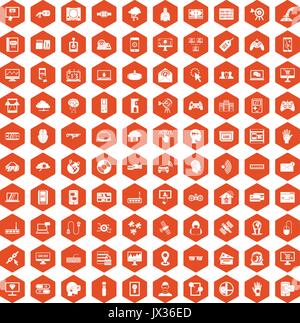 100 virtual icons hexagon orange Stock Vector