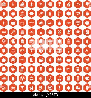 100 vitamins icons hexagon orange Stock Vector