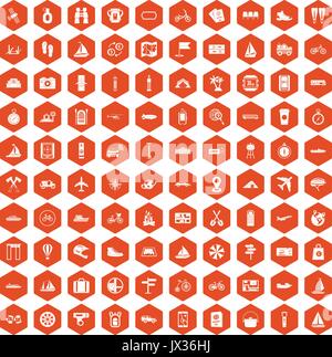100 voyage icons hexagon orange Stock Vector