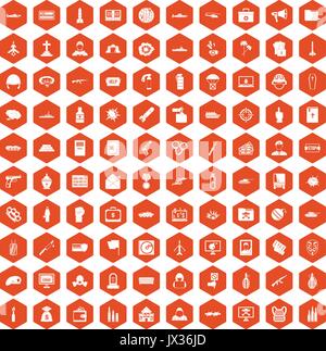 100 war icons hexagon orange Stock Vector