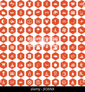 100 water sport icons hexagon orange Stock Vector