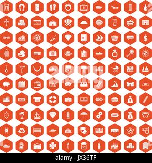 100 wealth icons hexagon orange Stock Vector
