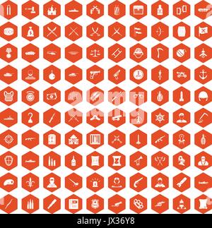 100 weapons icons hexagon orange Stock Vector