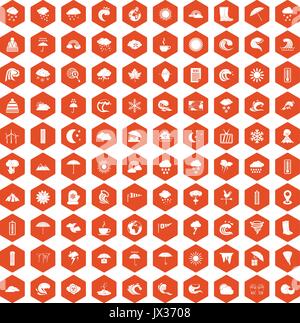 100 weather icons hexagon orange Stock Vector