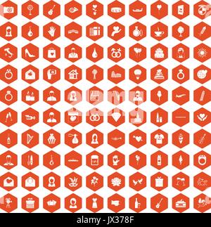 100 wedding icons hexagon orange Stock Vector