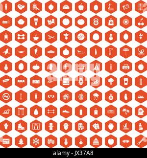 100 wellness icons hexagon orange Stock Vector