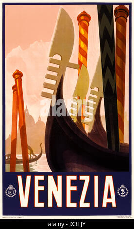 ‘Venezia’ (Venice) 1928 Tourism Poster featuring gondolas with Santa Maria della Salute silhouetted in the background published by Ferrovie dello Stato (FS -Italian State Railways) and ENIT (Agenzia nazionale del turismo - Italian Tourist Board). Stock Photo
