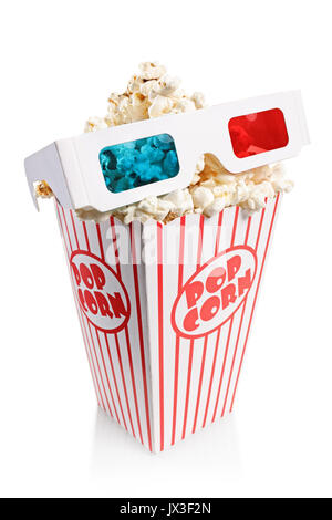 Box full of popcorn and 3d glasses isolated on white background Stock Photo
