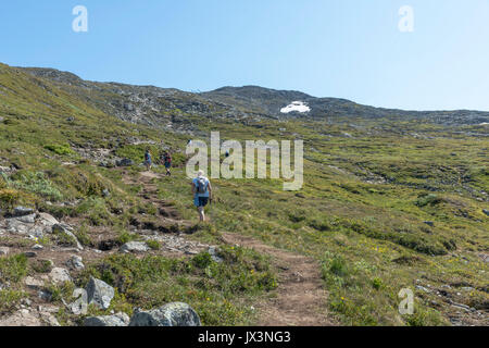 LEIRA,NORWAY 19-07-2017: unidentified people walking the walking track in national park from bitihorn to stavtjedtet with lakes fjord and snow on the  Stock Photo