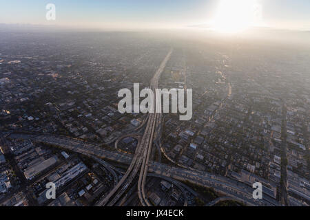 Aerial view of Santa Monica 10 freeway and summer afternoon smog near downtown Los Angeles, California. Stock Photo