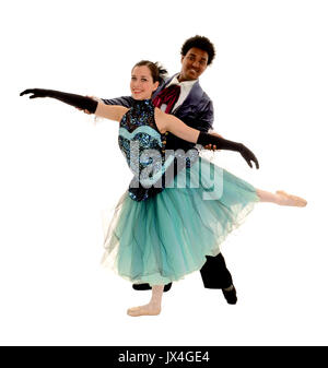 A Ballet Pas de Deux duet with Male Dancer Assisting Female Ballerina in Arabesque or Spiral Position Stock Photo