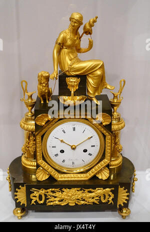 Mantel Clock with the Figure of Clotho, Louis Jacques Vaillant, c  1810, patinated bronze, gilded mounts, enameled metal dial   Fogg Art Museum, Harvard University   DSC01275 Stock Photo