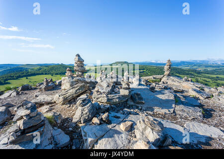 France, Ardeche, parc naturel regional des Monts d'Ardeche (Regional natural reserve of the Mounts of Ardeche), cairn at Mont Gerbier de Jonc summit ( Stock Photo