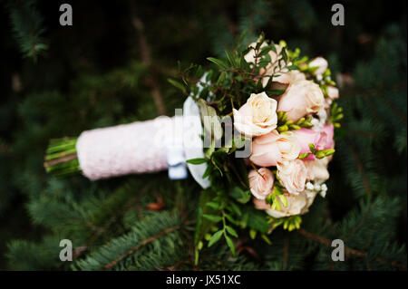 Close-up photo of a bouquet made of roses laying on the fir tree. Stock Photo