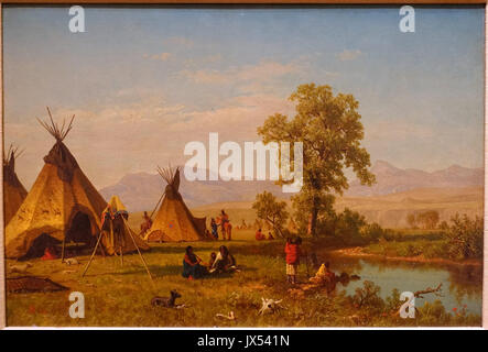 Sioux Village near Fort Laramie, by Albert Bierstadt, 1859, oil on panel   Blanton Museum of Art   Austin, Texas   DSC08186 Stock Photo