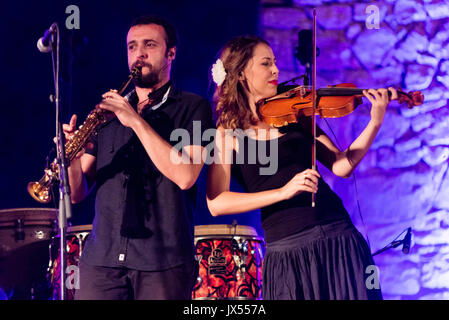 Casas de Reina, Spain - august 13, 2017: Spanish  folk band Acetre in the regina theater, Stock Photo