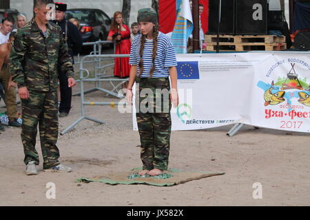 performance of the millitary-patriotic club 'Patriot' on traditional festival 'Uxa Fest', August,12,2017, Vileyka sea, Belarus Stock Photo