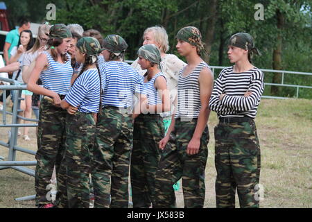 performance of the millitary-patriotic club 'Patriot' on traditional festival 'Uxa Fest', August,12,2017, Vileyka sea, Belarus Stock Photo