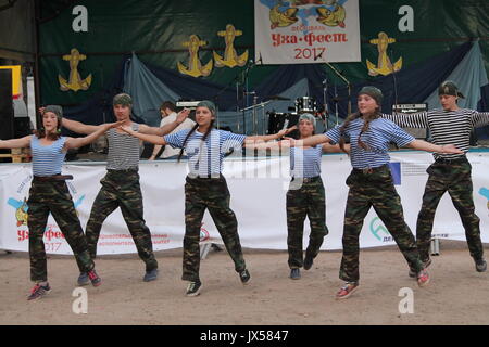 performance of the millitary-patriotic club 'Patriot' on traditional festival 'Uxa Fest', August,12,2017, Vileyka sea, Belarus Stock Photo