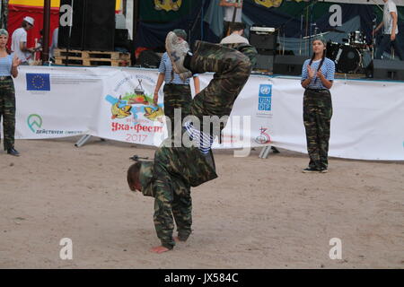 performance of the millitary-patriotic club 'Patriot' on traditional festival 'Uxa Fest', August,12,2017, Vileyka sea, Belarus Stock Photo