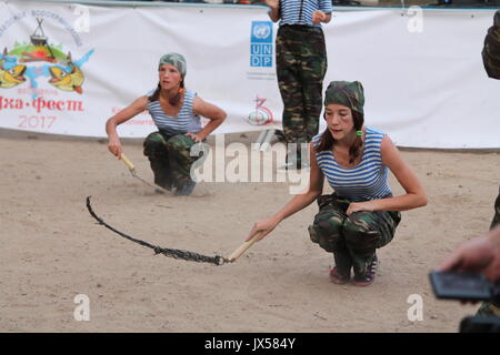 performance of the millitary-patriotic club 'Patriot' on traditional festival 'Uxa Fest', August,12,2017, Vileyka sea, Belarus Stock Photo