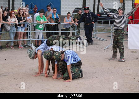 performance of the millitary-patriotic club 'Patriot' on traditional festival 'Uxa Fest', August,12,2017, Vileyka sea, Belarus Stock Photo