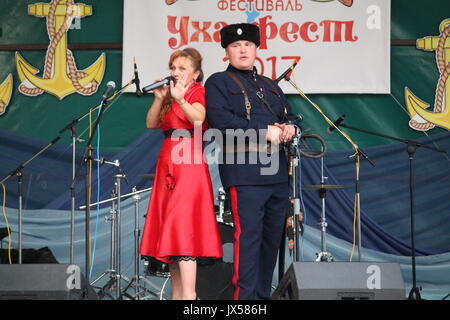 performance of the millitary-patriotic club 'Patriot' on traditional festival 'Uxa Fest', August,12,2017, Vileyka sea, Belarus Stock Photo