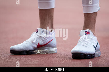 The Great Britain's 4x100m relay team wear Union Jack Nike shoes ahead of the medal presentation during the Final Day of the IAAF World Athletics Championships (Day 10) at the Olympic Park, London, England on 13 August 2017. Photo by Andy Rowland / PRiME Media Images. Stock Photo