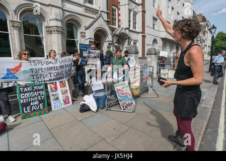 London, UK. 14th Aug, 2017. London, UK. 14th August 2017. Grass roots campaign Foil Vedanta hold a noisy protest outside the AGM of Vedanta. They accuse Vedanta of illegal mining in Goa, of increasing harassment, torture and false accusations against tribal activists in Nyamgiri, Odisha, who have used Indian laws to stop bauxite mining of their sacred mountain, eleven years of ruinous and continuing pollution by Konkola Copper Mines (KCM) in Zambia, where they say the company have fraudulently avoided taxes and failed to publish mandatory accounts and other offences. Vedanta is a FTSE 250 Stock Photo