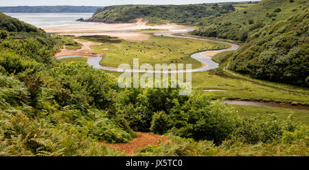 View from Pennard Castle over Pennard Pill and Threecliff Bay on the coast of the Gower Peninsula in South Wales UK Stock Photo