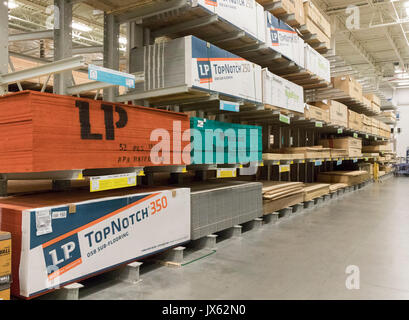 flooring wooden boards, Lowe's hardware store, Pasco, Washington State, USA Stock Photo