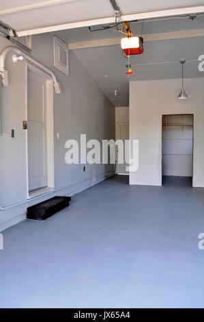 Interior of  a small residential garage that is pristine clean and empty. Stock Photo