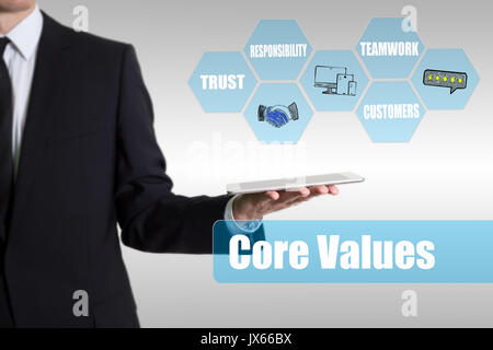 Core Values concept. Man holding a tablet computer. Stock Photo