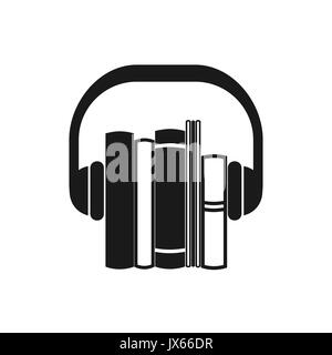 Audiobooks black icon. Monochrome vector emblem of books with headphone. Stock Vector