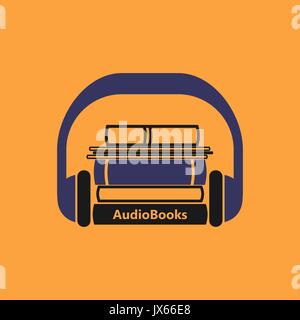 Audiobooks logo. Stylized vector emblem of books with headphone on a orange background. Stock Vector