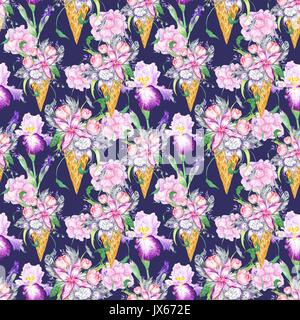 Seamless background with pink peony, lilac and iris flowers and grey feathers on deep purple background Stock Photo