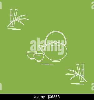 Stylized icon of the teapot with two cups and bamboo. Tea ceremony. Design for banner, poster or print. Stock Vector